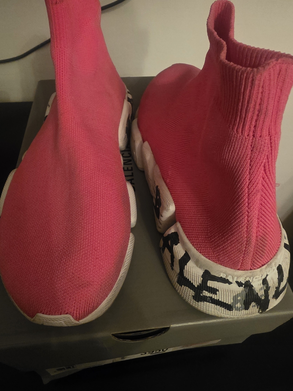 Balenciaga Women's Pink Knit Sock Sneakers with Graffiti Graphic Sole